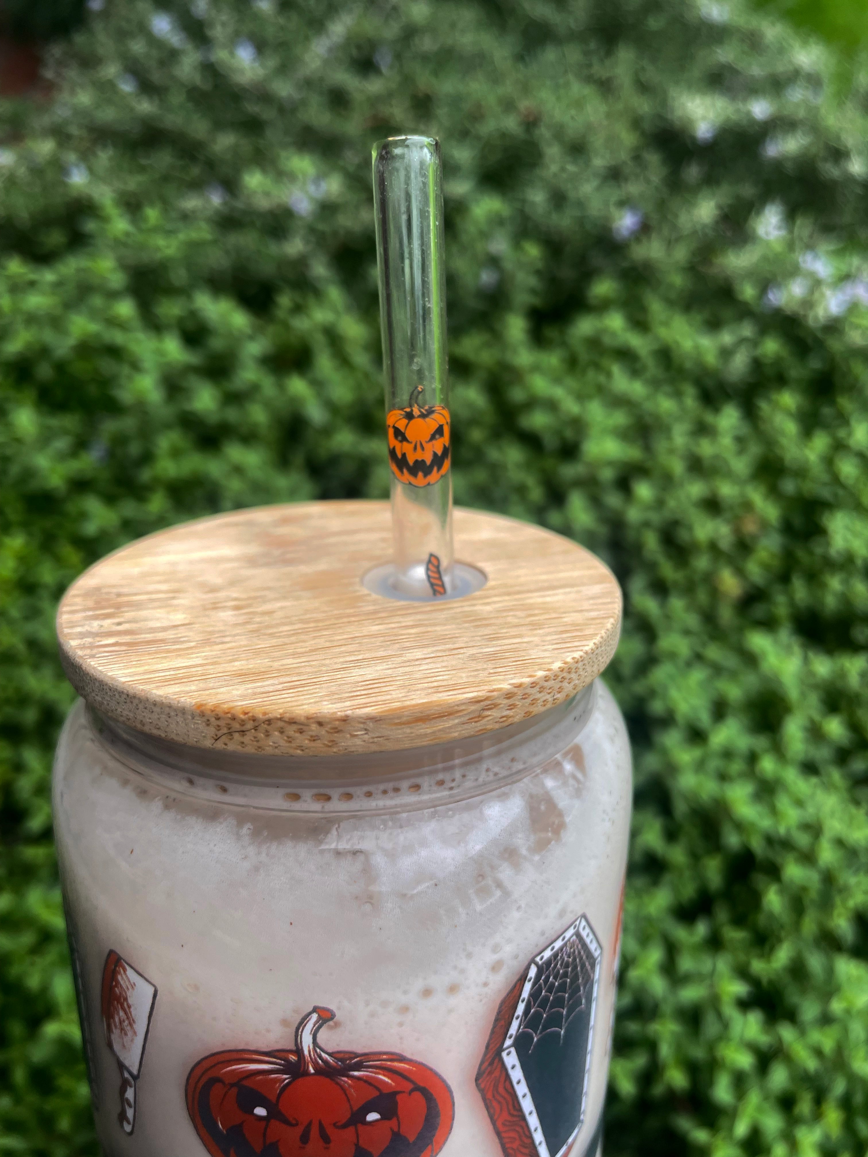 Halloween Glass Tumbler with Wooden Lid and Straw